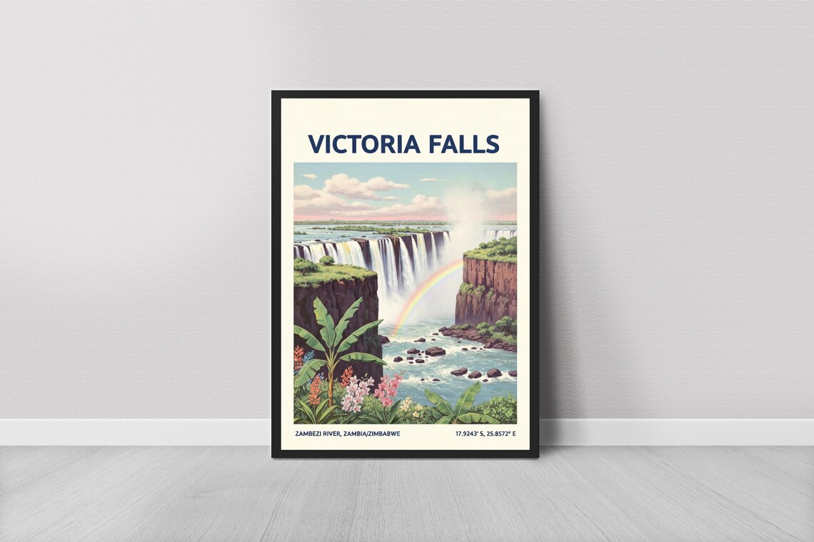 Victoria Falls Zambezi Rainbow Vintage Africa Travel Style Poster