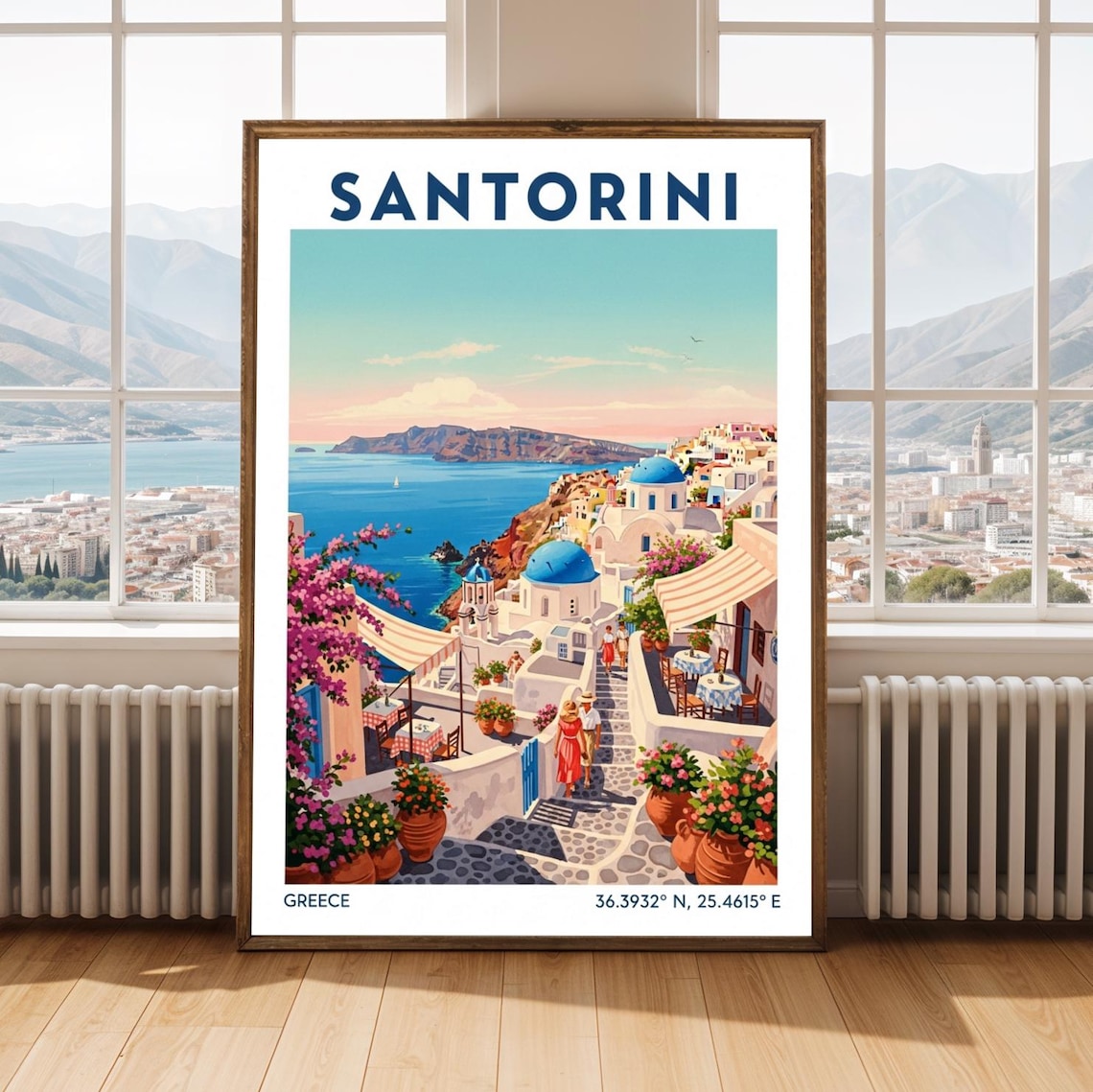 Santorini Greece Blue Domes Aegean Sea Vintage Travel Poster Art