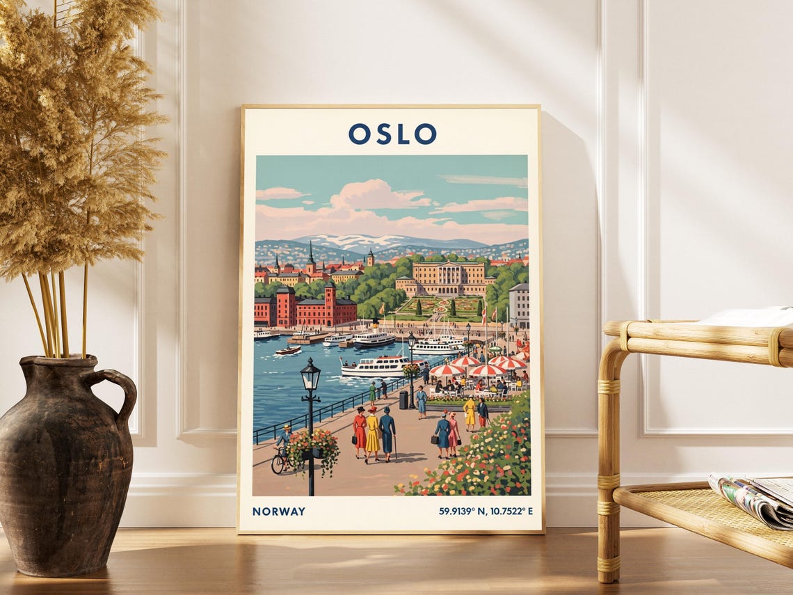 Oslo Norway Vintage Travel Poster with Harbor and Royal Palace View
