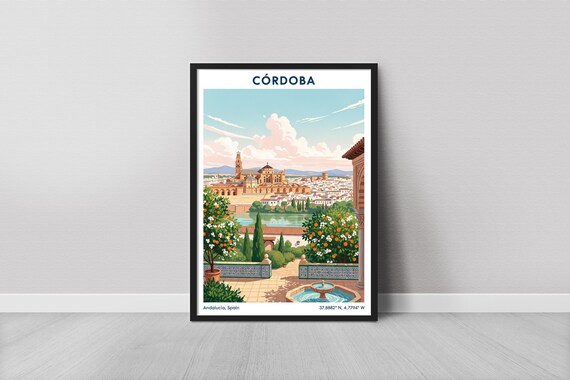 Cordoba Spain Vintage Travel Poster with Orange Trees Cathedral View