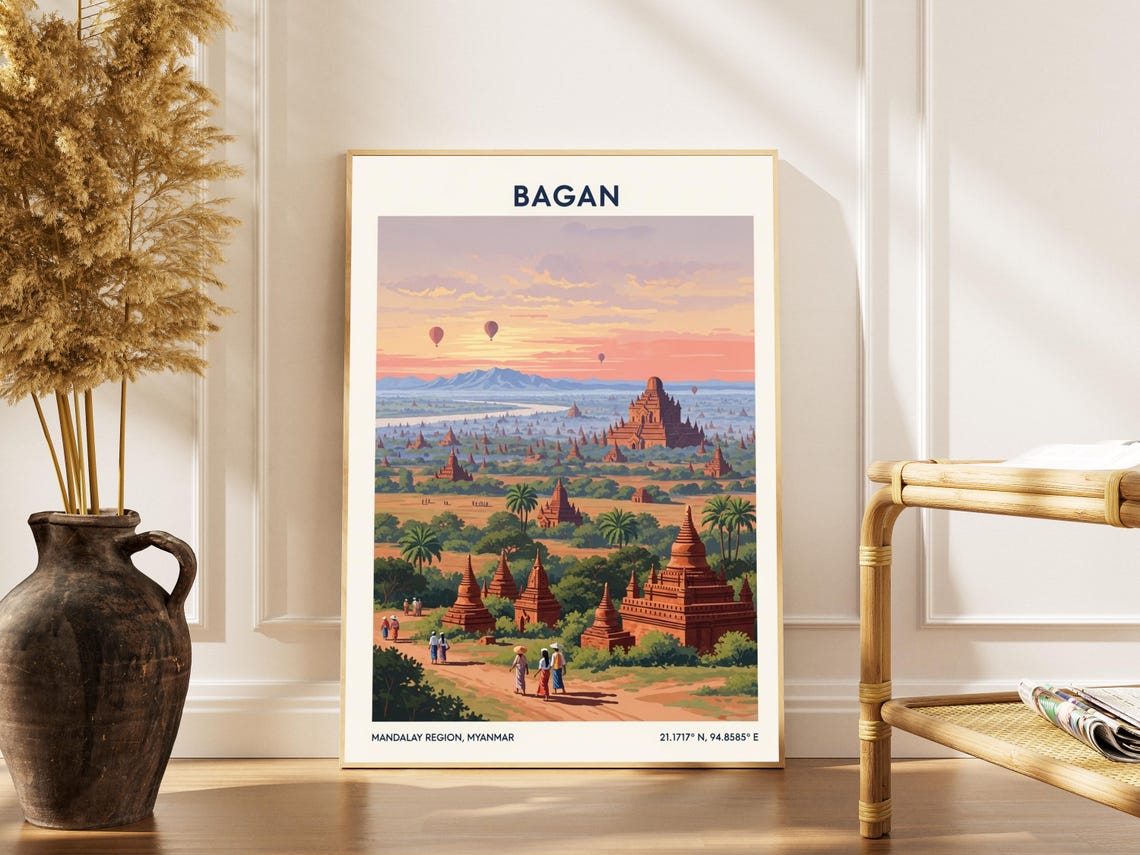 Bagan Myanmar Ancient Temples At Sunset Vintage Travel Poster