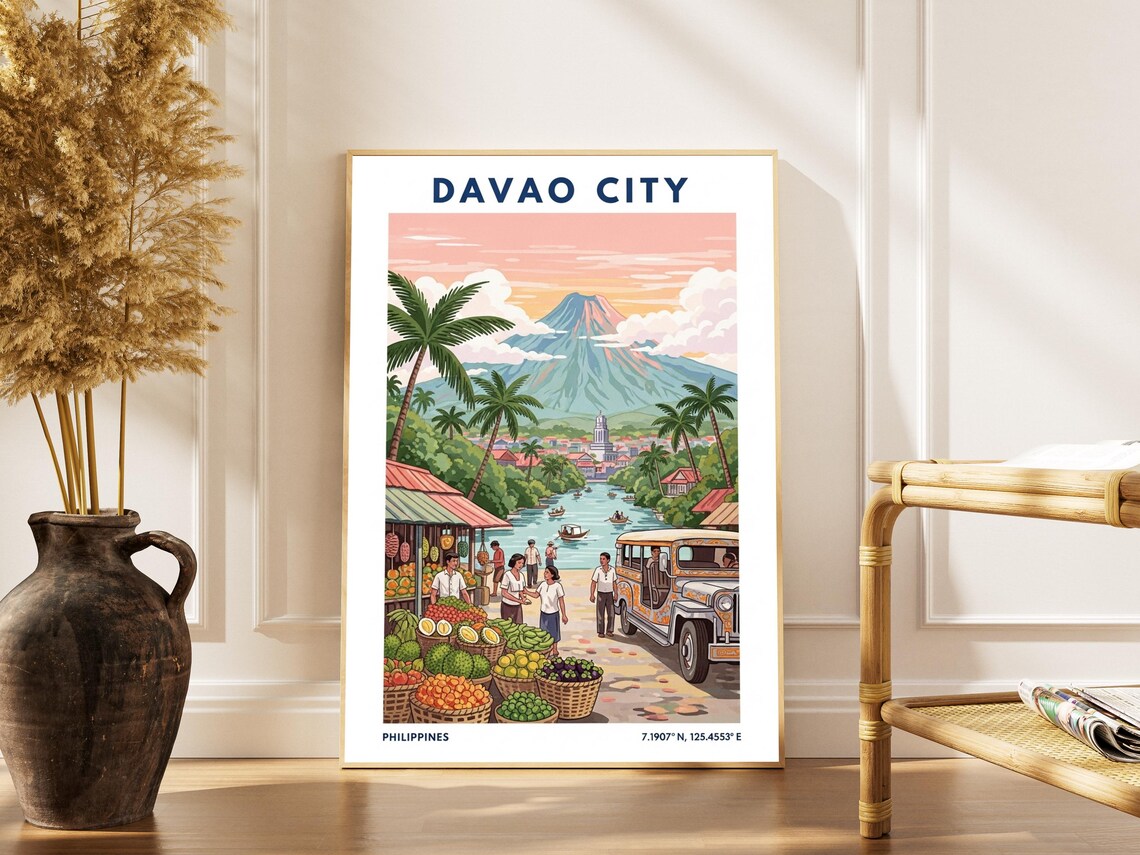 Davao City Philippines Vintage Travel Poster Jeepney Market Volcano