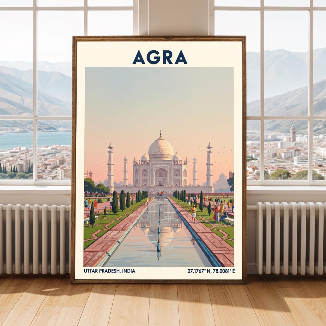 Agra India Taj Mahal Gardens Reflecting Pool Vintage Travel Poster