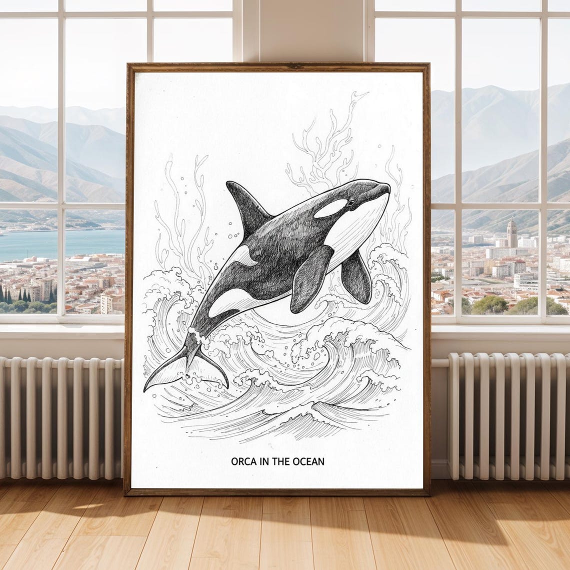 Orca Whale Leaping Waves Black and White Ink Illustration Poster