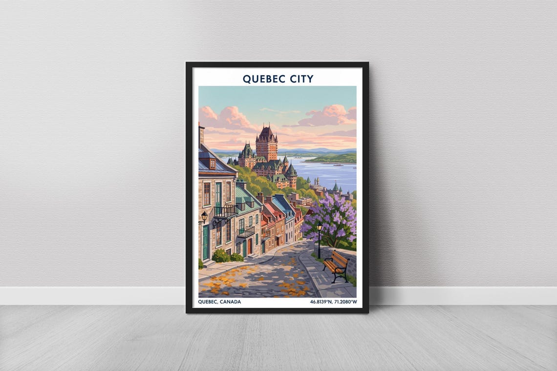 Quebec City Canada Old Street Chateau Frontenac River Travel Poster