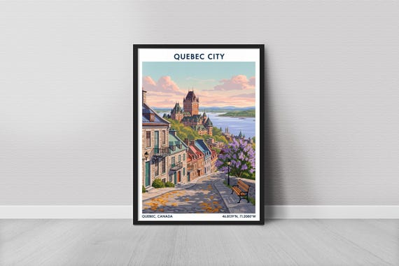 Quebec City Art Print Cartoonish Landscape Blue Roofs And Violet Blooms