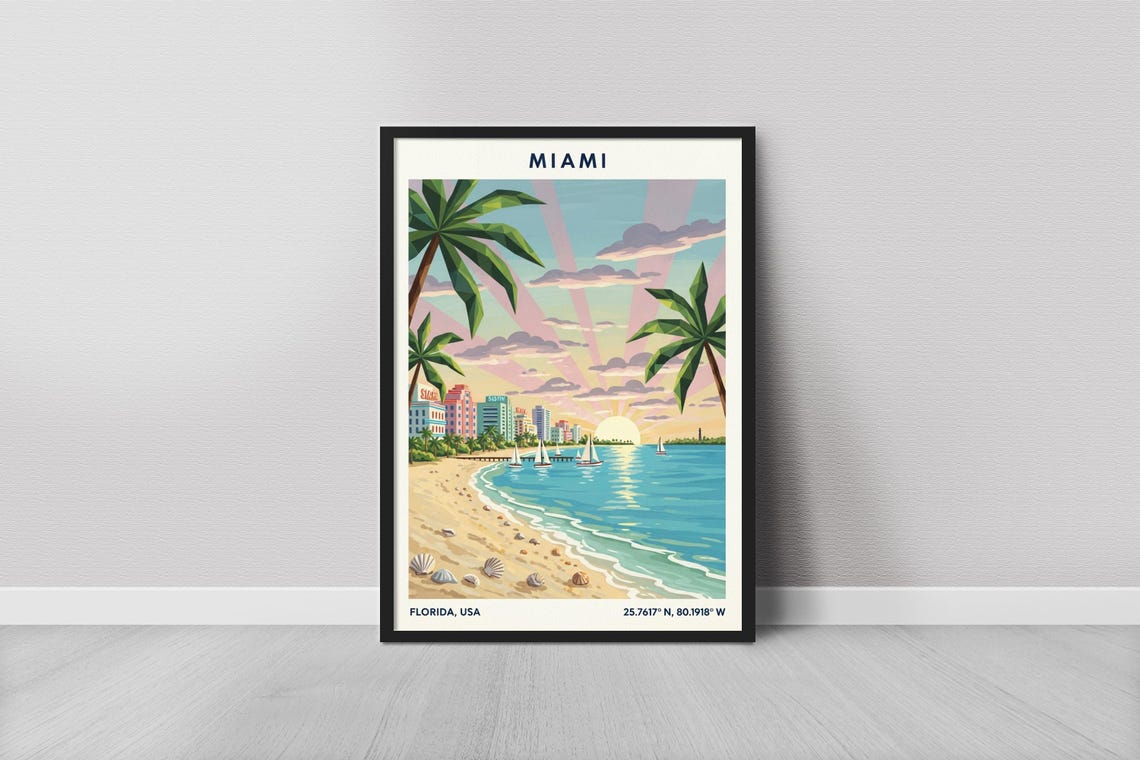 Miami Art Print Minimalist Blue Ocean And Sunset Palette