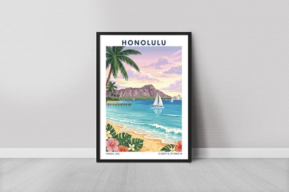 Honolulu Art Print Minimalist Blue Ocean And Palm Leaves Hawi Sunset