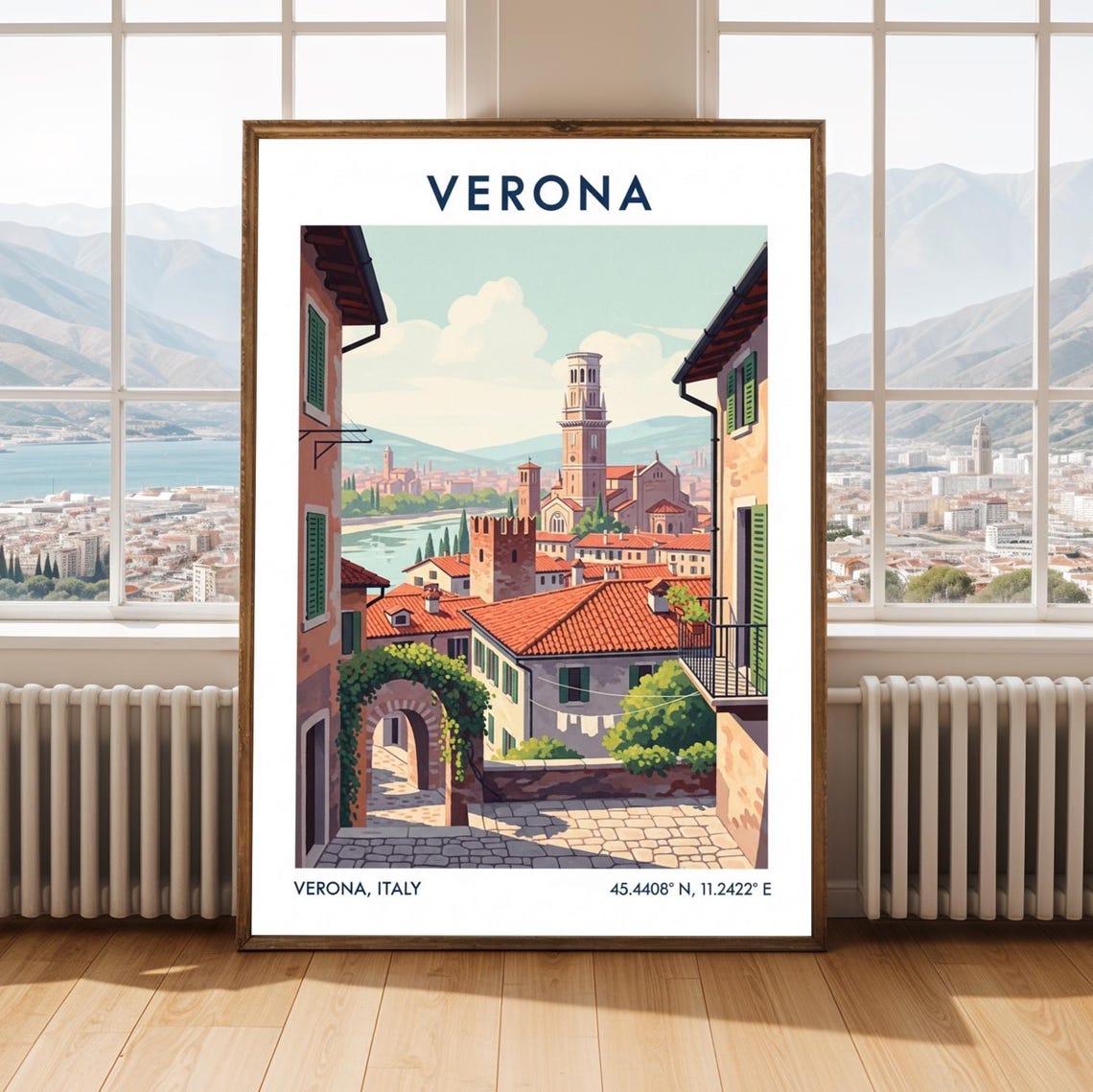 Verona Italy Terracotta Rooftops Belltower Vintage Travel Poster