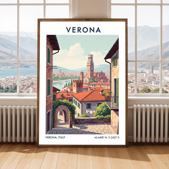 Verona Belltower Poster Terracotta And Redorange Italian Cityscape Travel Artwork For Enthusiasts Decorators