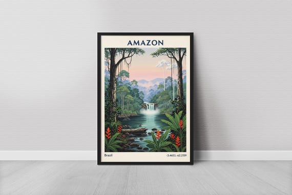 Amazon Art Print Vintage Travel Jungle Waterfall Green And Blue