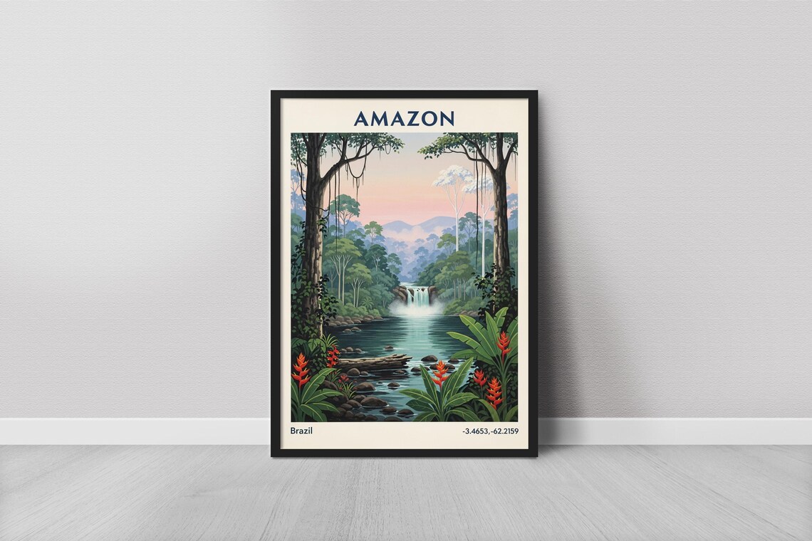 Amazon Brazil Vintage Travel Jungle River Waterfall Art Poster