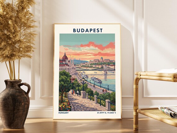 Budapest Cityscape Print Vintage Teal Coral Travel Poster
