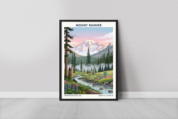 Mount Rnier Art Print Vintage Travel Purple Sky And Green Forest
