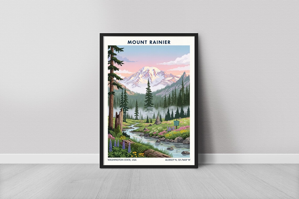 Mount Rainier Washington USA Travel Poster Snowy Peak Meadow