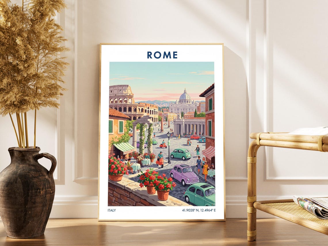 Rome Italy Art Print Vintage Travel Poster Pastel Cityscape