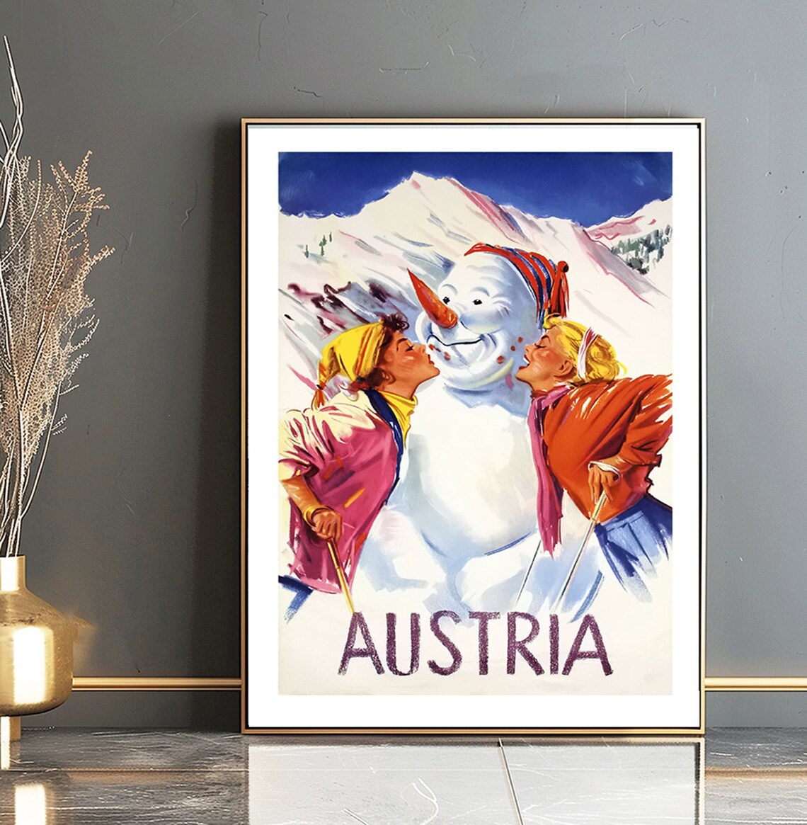 Austria Vintage Winter Sports Snowman Ski Travel Poster Scene - Image 2