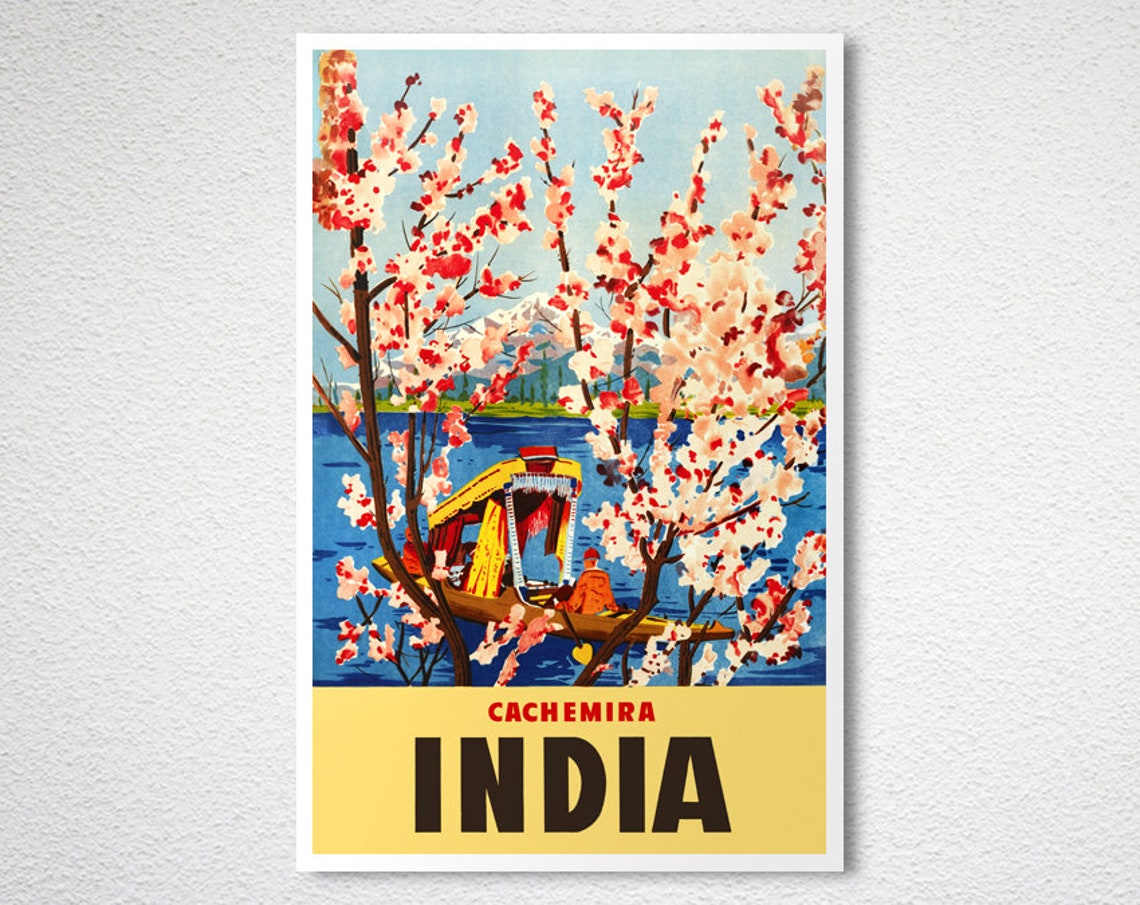 Cachemira India Vintage Travel Poster Shikara Boat Through Blossoms - Image 2