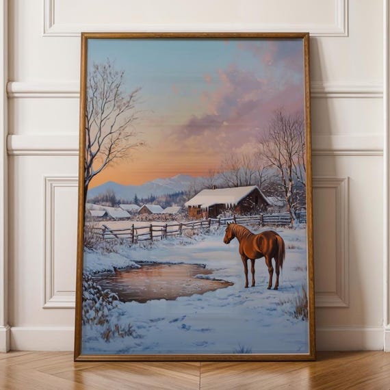 Winter Horse Wall Art Snowy Farmhouse Landscape Print Rustic Farm Barn Painting