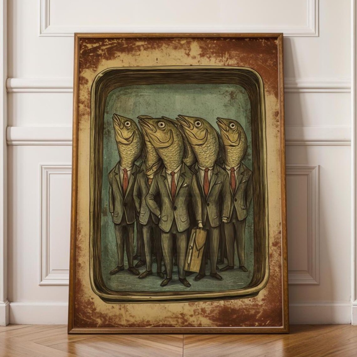 Funny Sardines In Suits Surreal Vintage Tin Can Humor Art Poster