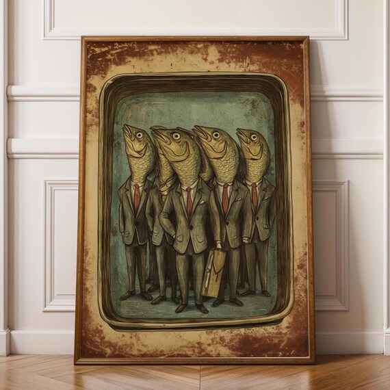Funny Sardines In Suits Surreal Vintage Tin Can Humor Art Poster