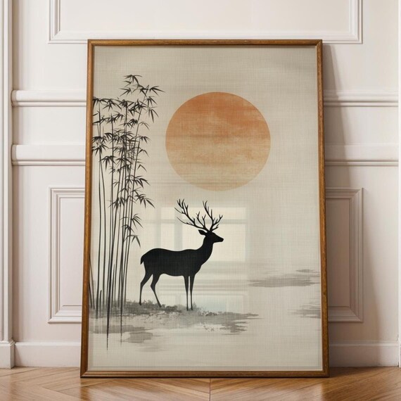 Japandi Deer Wall Art Minimalist Bamboo Sunset Print Zen Nature Poster Japanese Wabi Sabi Posterprintable