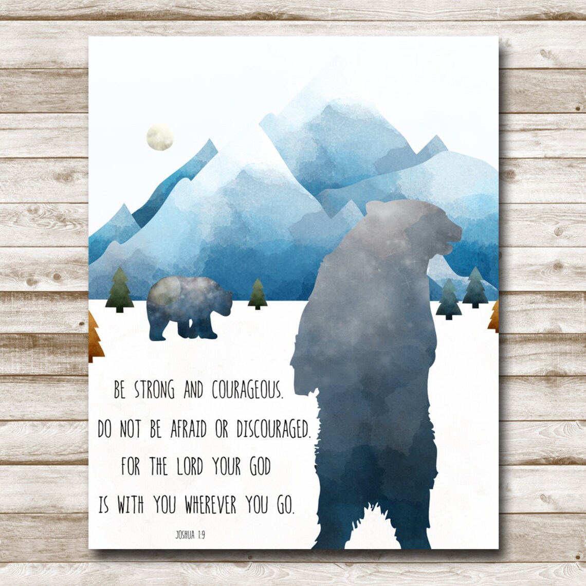 Joshua 19 Be Strong And Courageous Bears Mountains Watercolor Scripture Poster - Image 4