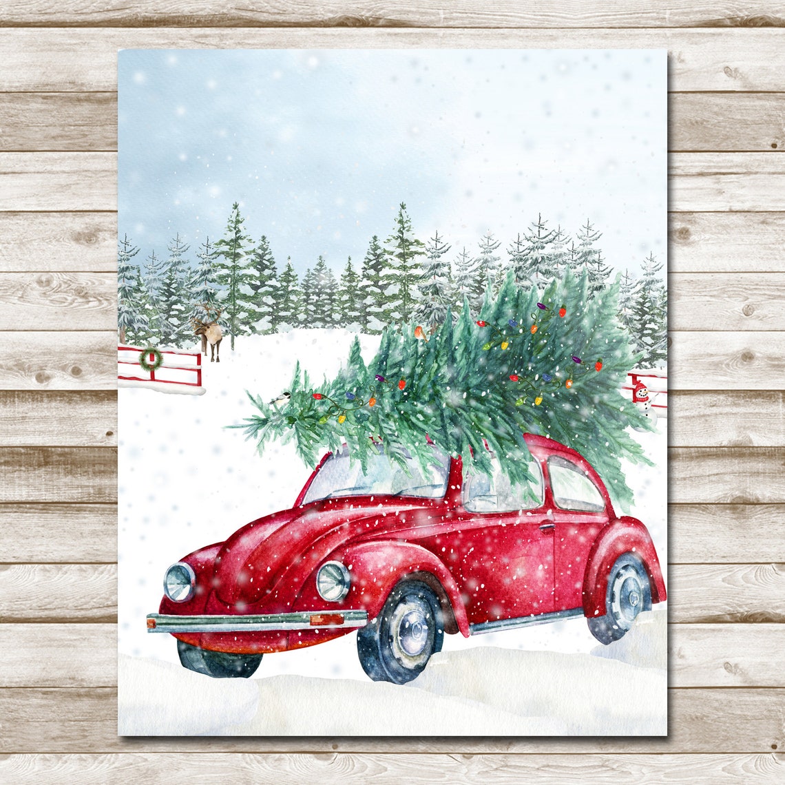 Red VW Beetle Christmas Tree Classic Snowy Pines Watercolor Poster - Image 4