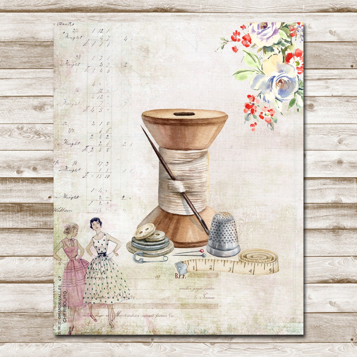 Vintage Sewing Collage Spool Thimble Craft Room Retro Poster - Image 4