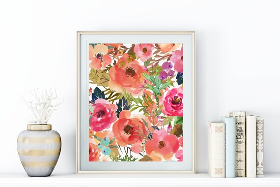 Pink and Coral Watercolor Floral Pattern Botanical Artwork Poster