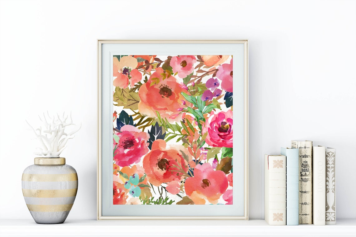Pink and Coral Watercolor Floral Pattern Botanical Artwork Poster