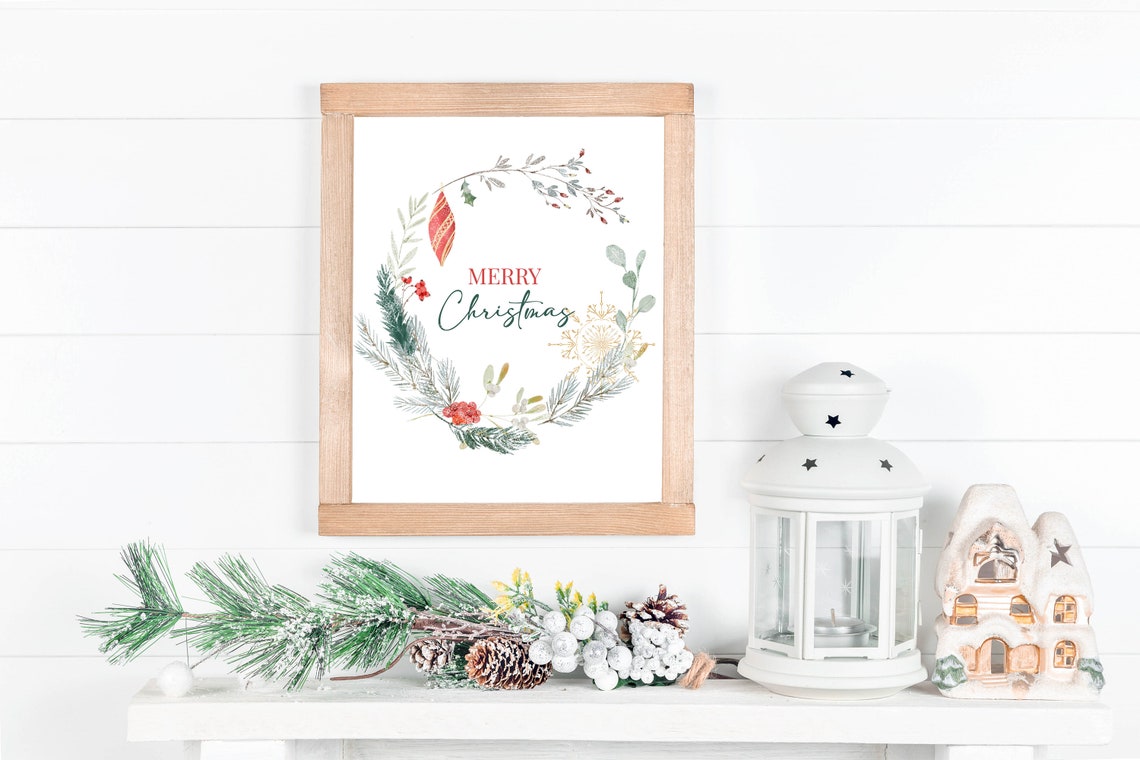 Merry Christmas Botanical Wreath With Ornament and Snowflake Wall Art - Image 3
