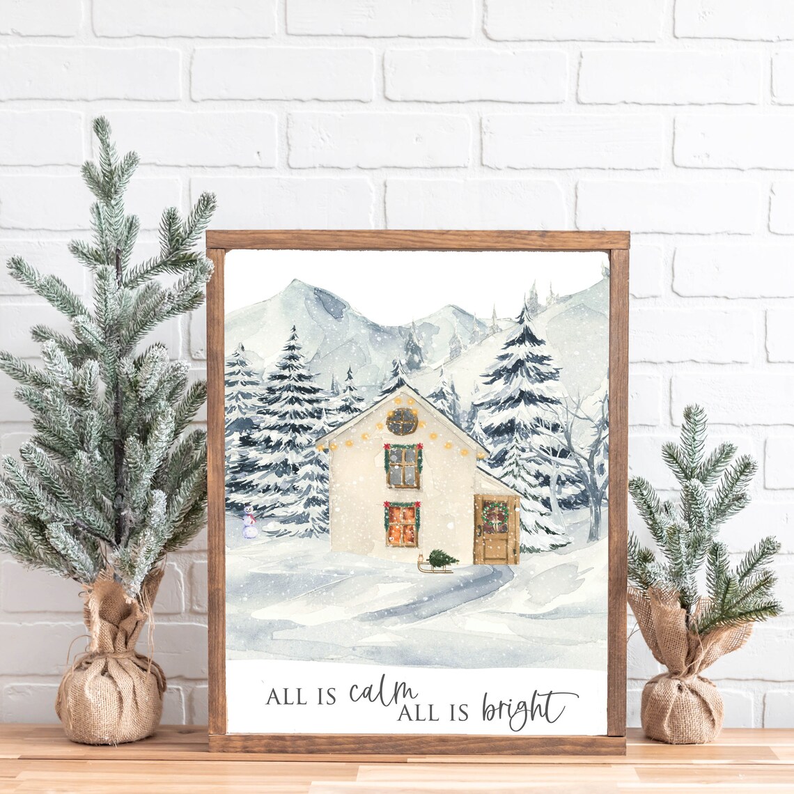 All Is Calm All Is Bright Snowy Cottage Christmas Hymn Wall Art - Image 2