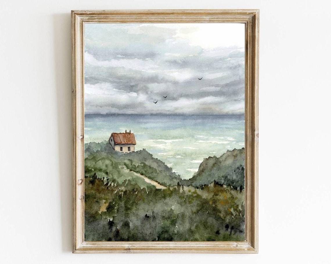 Sea House Watercolor Coastal Landscape Art Print
