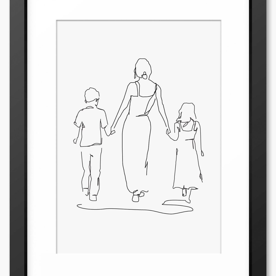 Mother Holding Hands with Son and Daughter Walking Line Art Poster