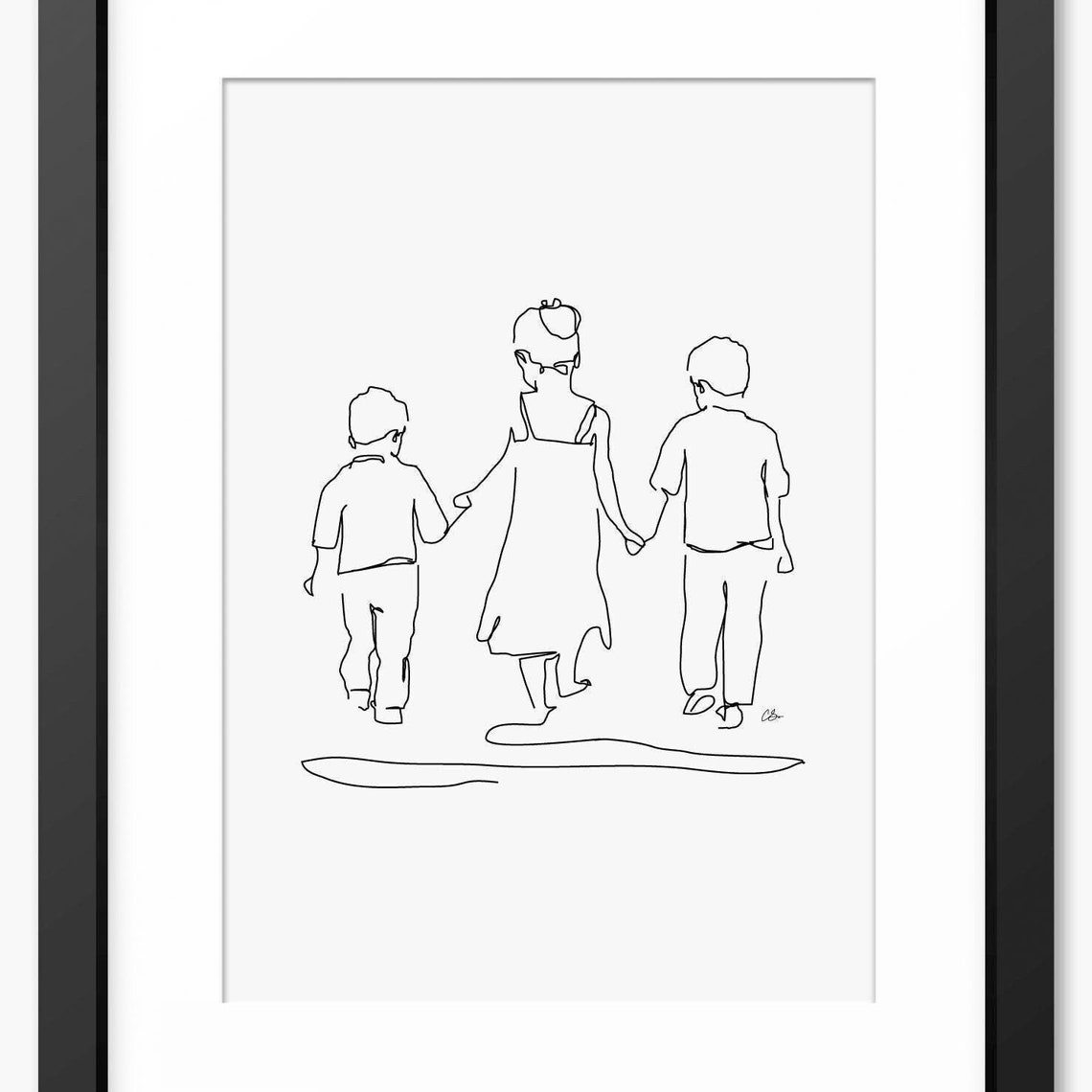 Three Siblings Strolling Together Playful Line Art Portrait Poster