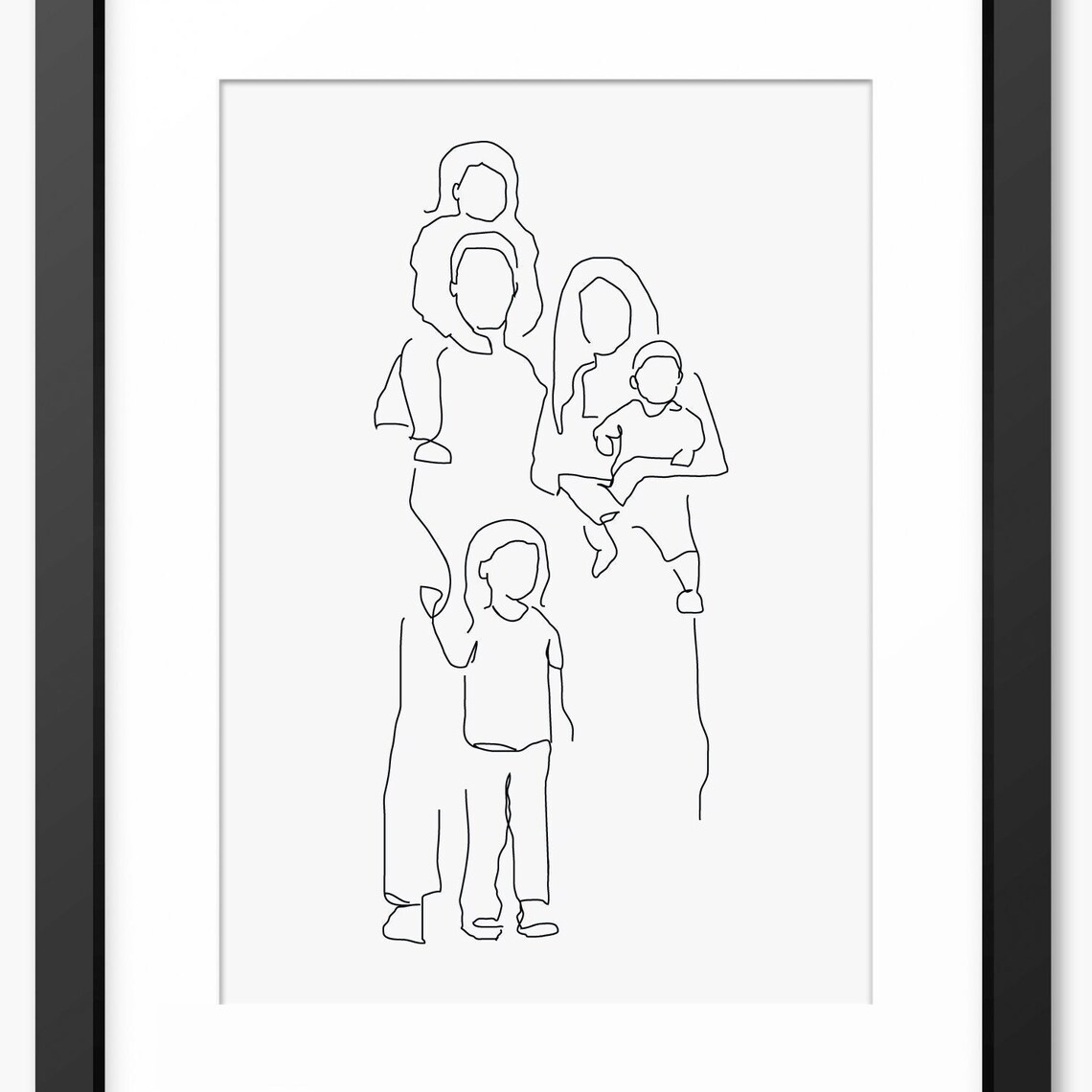 Tender Family Of Five Group Portrait Minimalist Line Art Poster