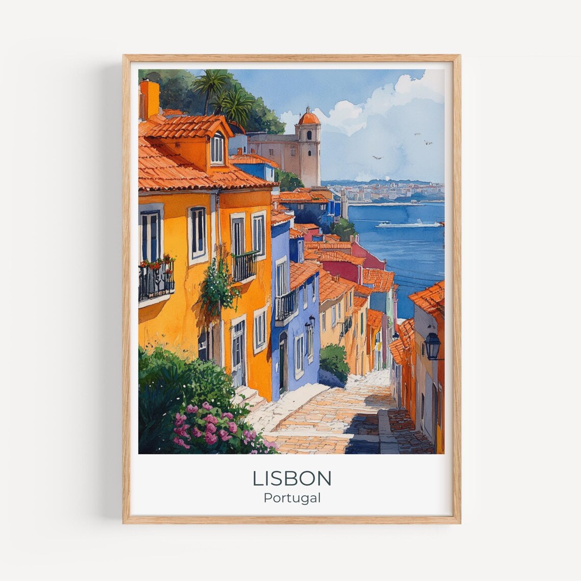 Lisbon Portugal Travel Poster Alfama Colorful Street Hillside Art
