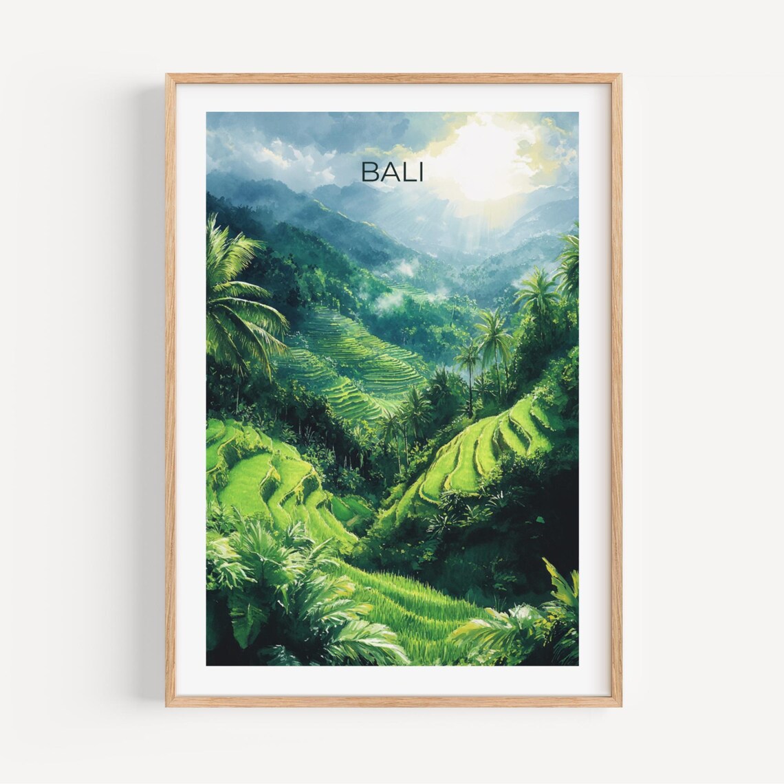 Bali Rice Terraces Jungle Watercolor Tropical Island Travel Poster