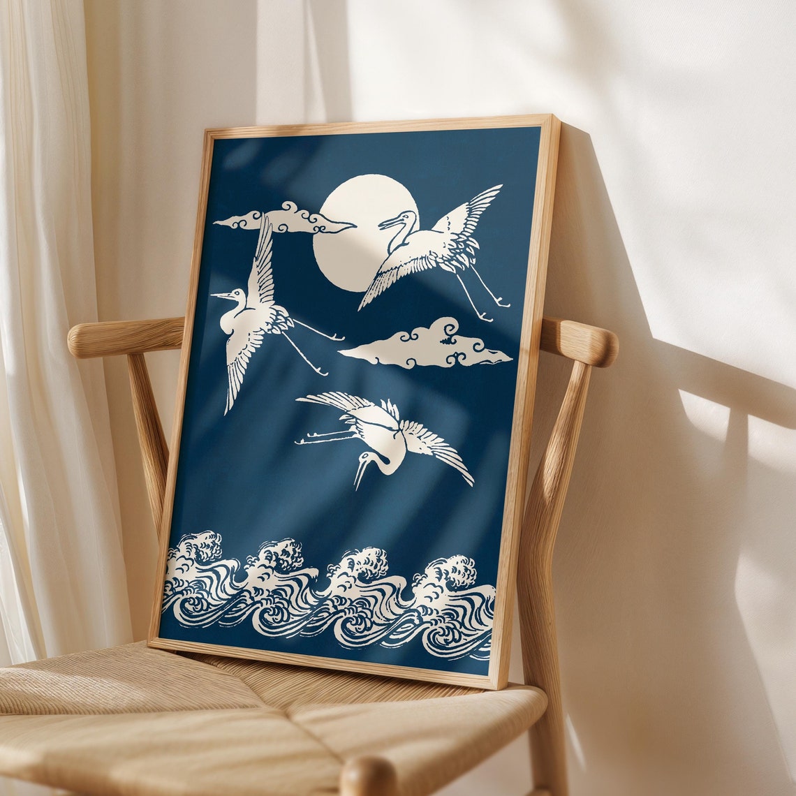 Navy Blue Japanese Cranes Moon Waves Japandi Art Wall Poster