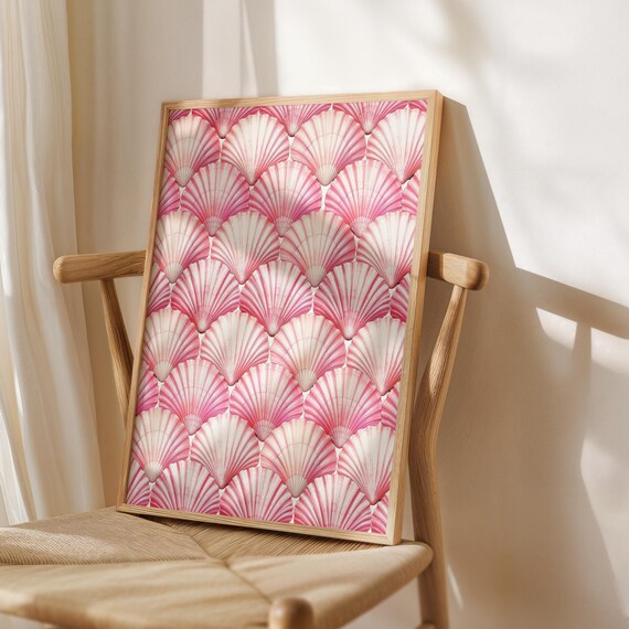 Pink Scallop Seashell Pattern Coastal Preppy Room Decor Poster