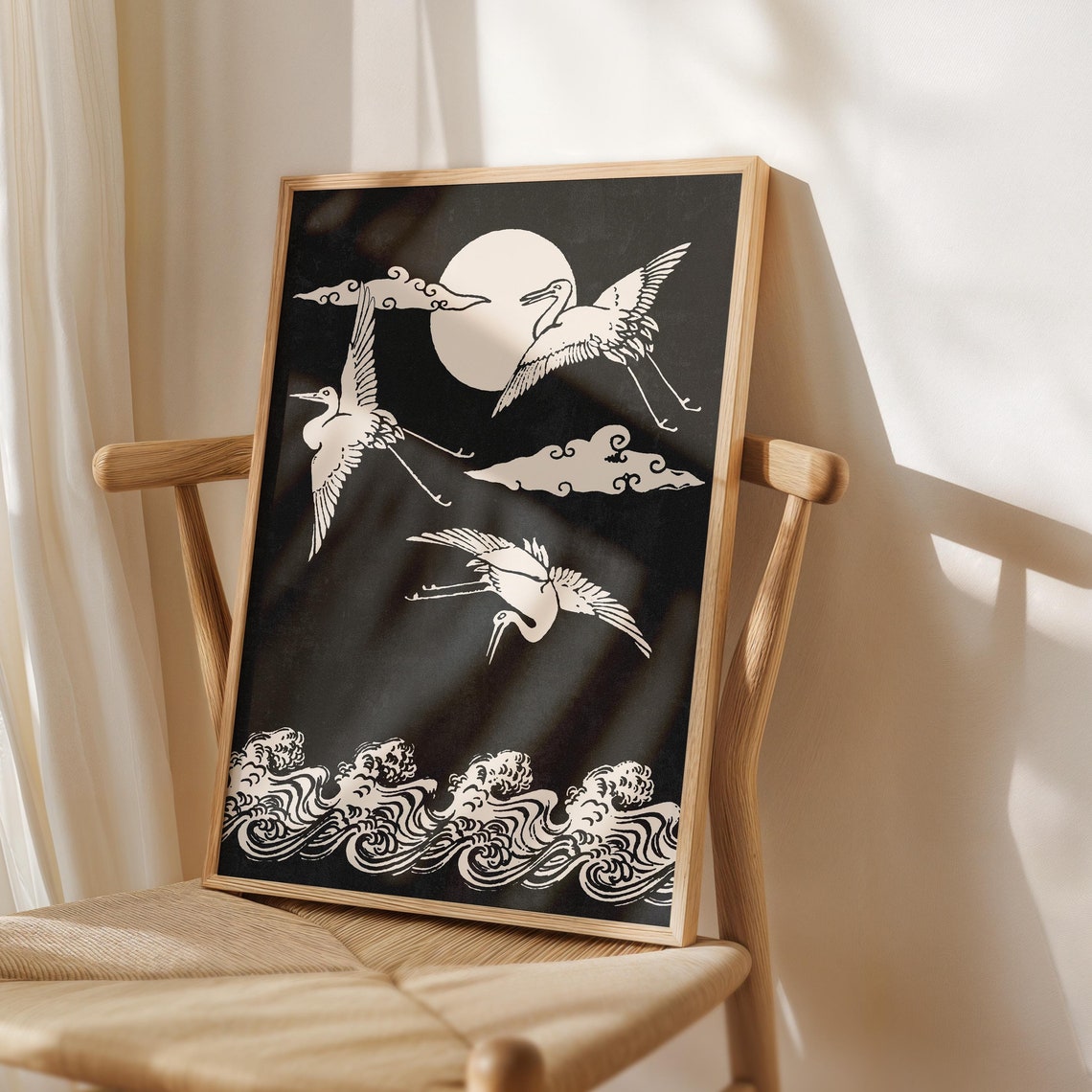 Black Japanese Cranes Moon Waves Traditional Style Art Poster
