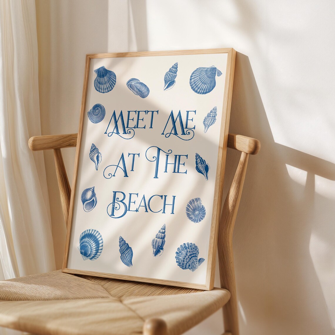 Meet Me At The Beach Navy Blue Seashell Typography Poster for Coastal Homes
