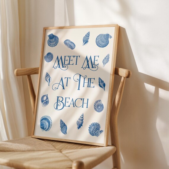 Meet Me At The Beach Navy Blue Seashell Typography Poster for Coastal Homes