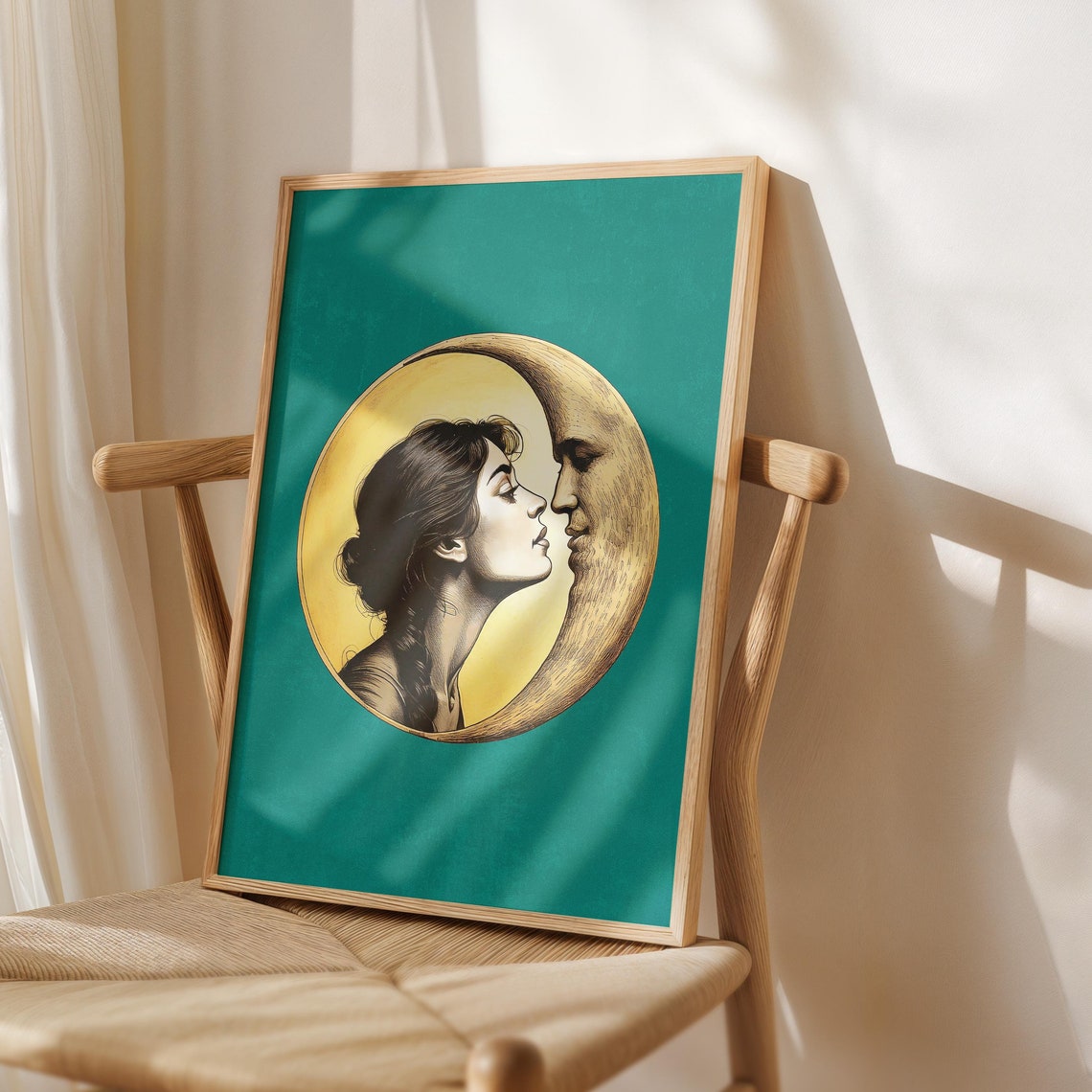 Moon Kiss Teal Vintage Romance Illustration Celestial Art Poster