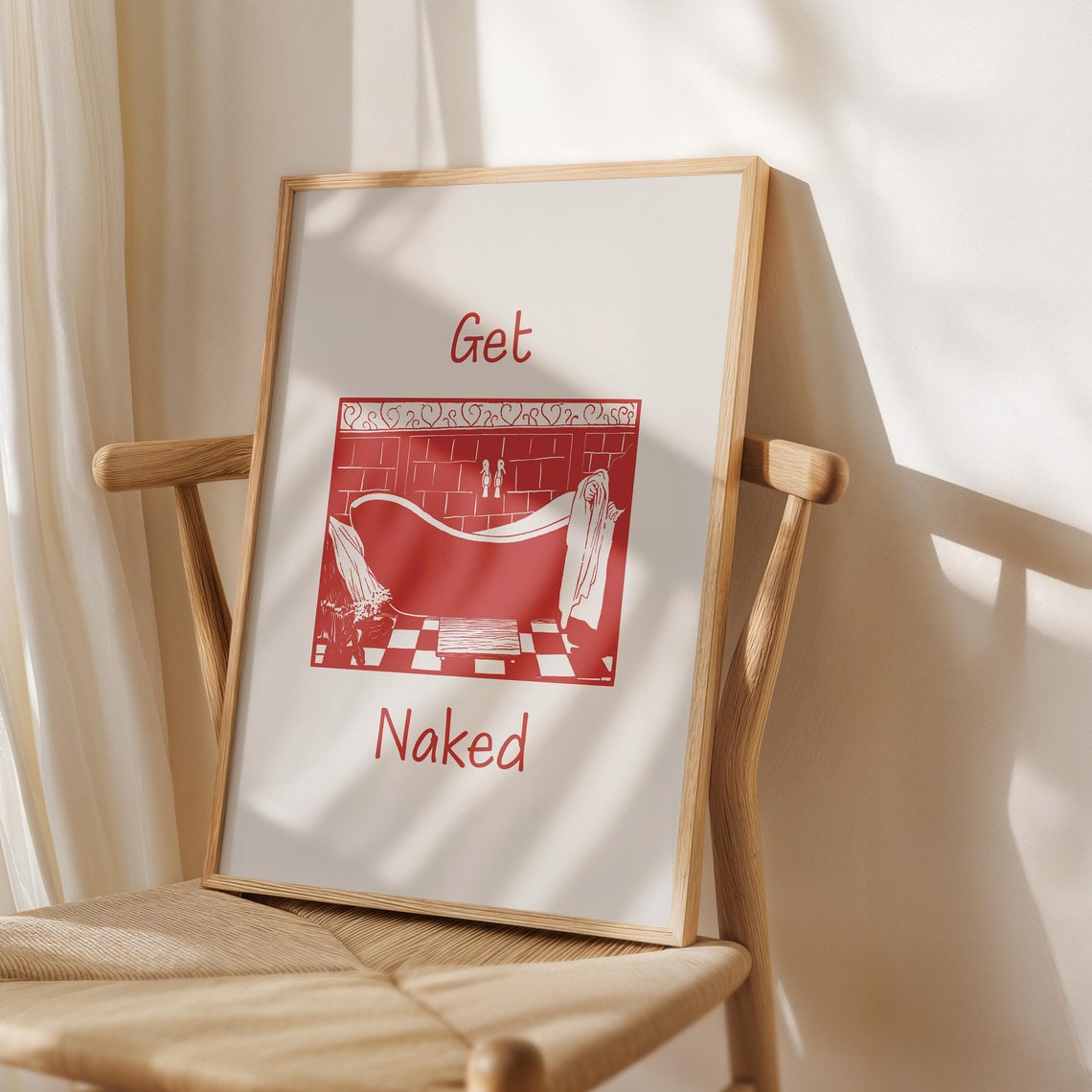 Get Naked Red Clawfoot Bathtub Illustration Vintage Humor Poster