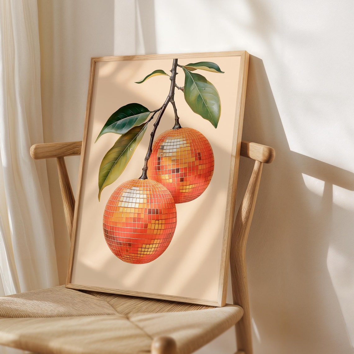 Two Sparkling Disco Ball Oranges Hanging on a Branch Kitchen Poster