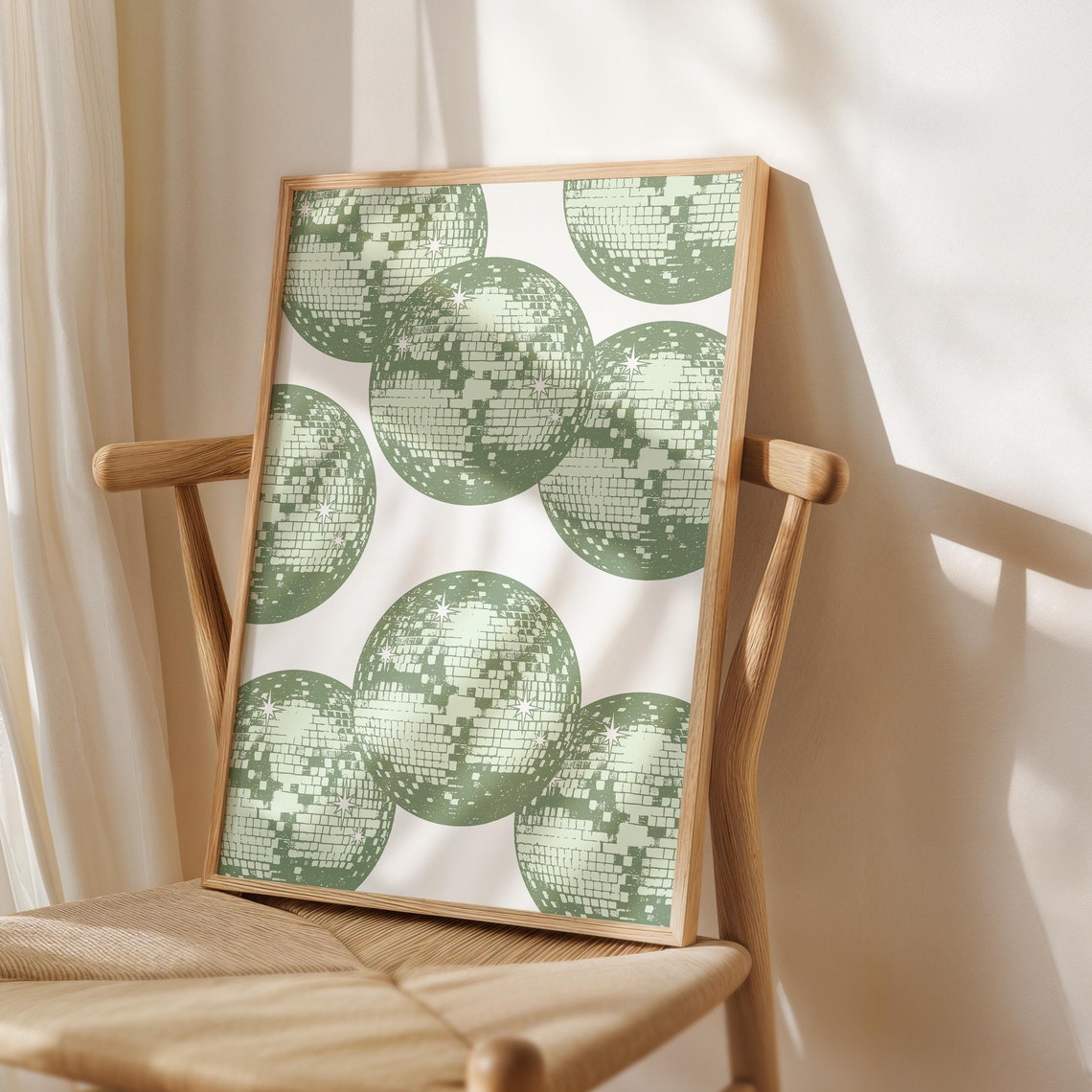 Sage Green Disco Ball Pattern Party Bar Cart Decor Art Poster