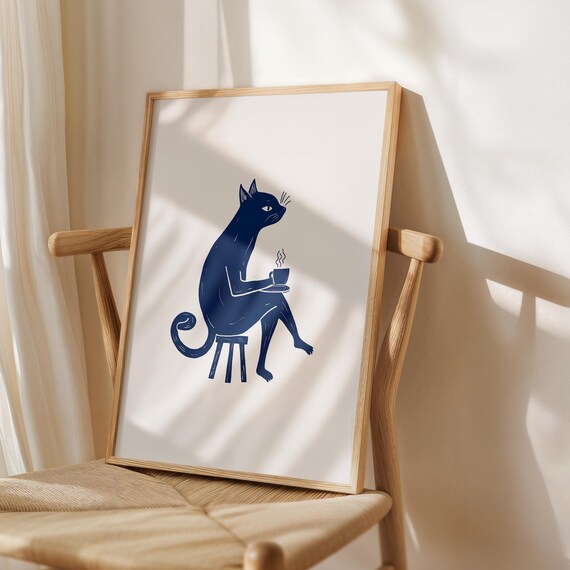Navy Blue Cat Drinking Coffee Minimalist Ink Drawing Kitchen Poster