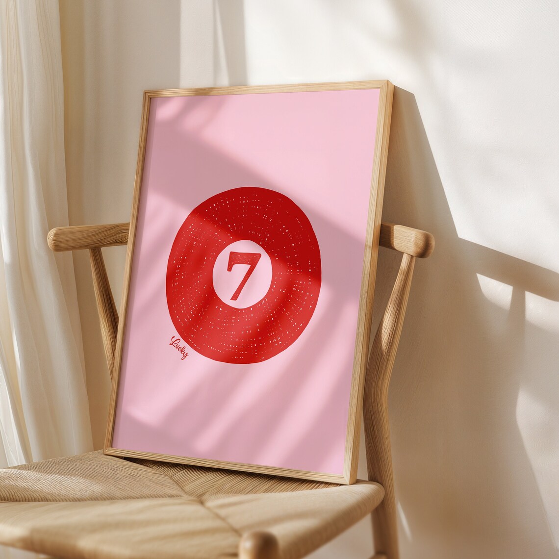 Lucky Seven Pool Ball Red Retro Girly Trendy Pink Wall Poster